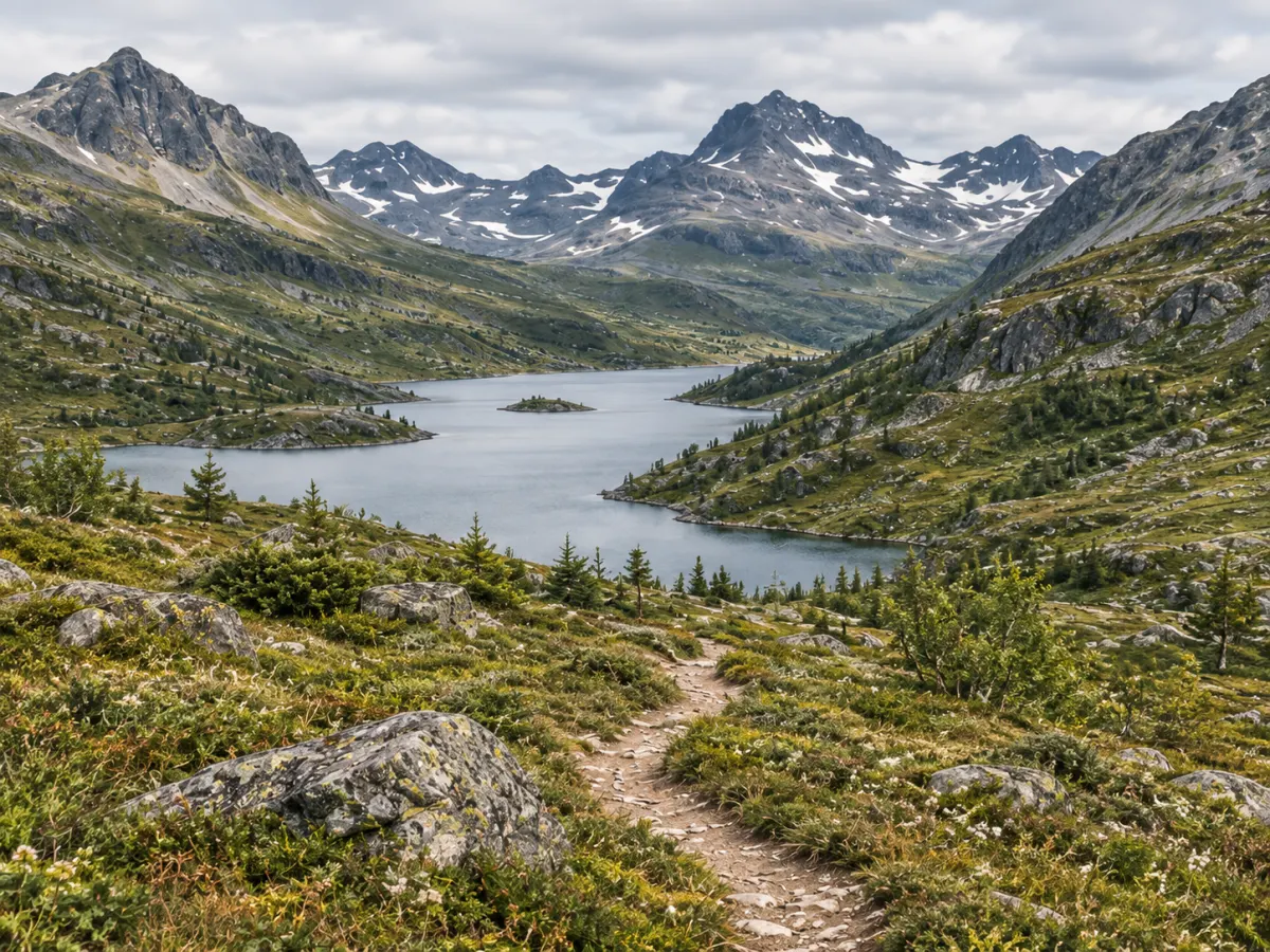 A hiking trail through a green mountain valley beside a lake